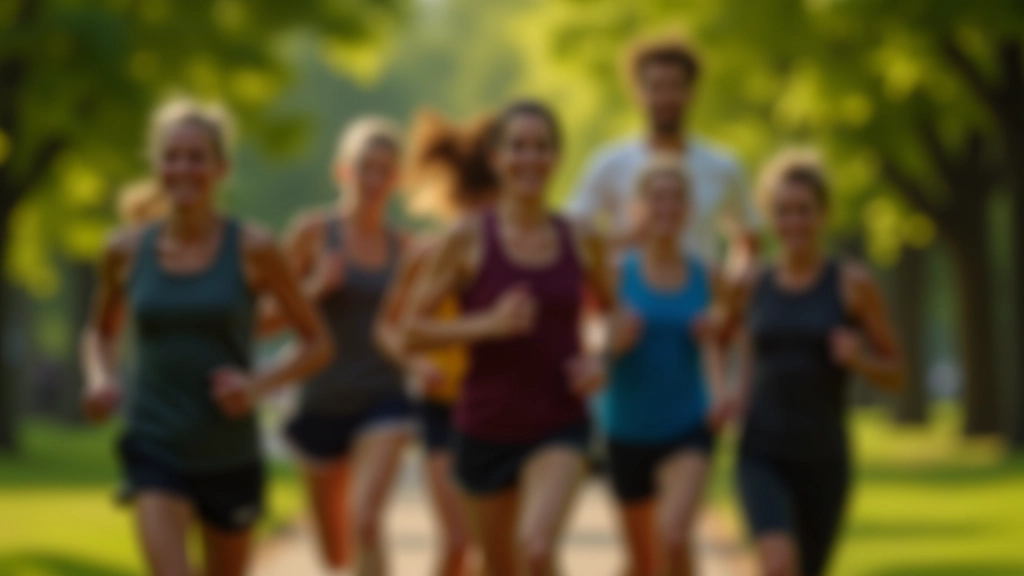 Diverse group of mature runners jogging together through public park on Saturday morning