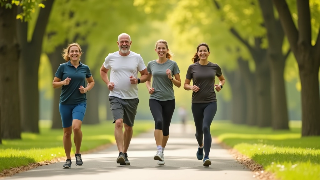 Diverse group of mature runners jogging together on a sunny park trail