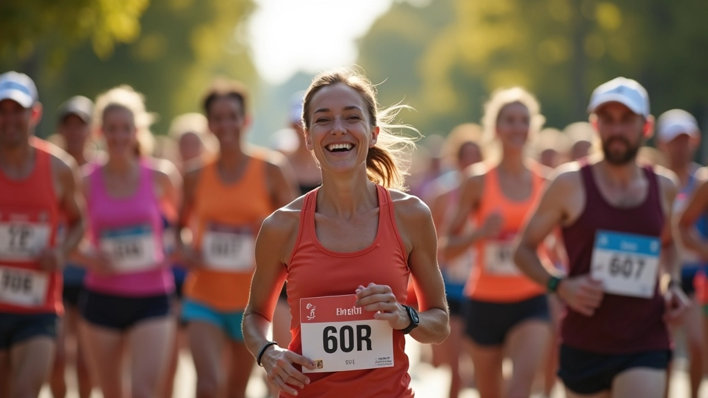 Group of mature runners celebrating together at a race finish line