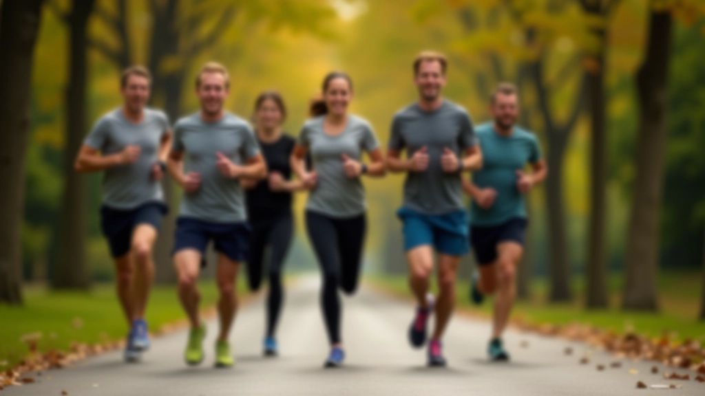 Group of mature runners jogging together on a tree-lined path during a training session
