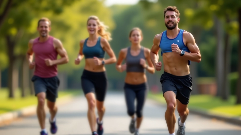 Group of mature runners jogging together in local park during morning run