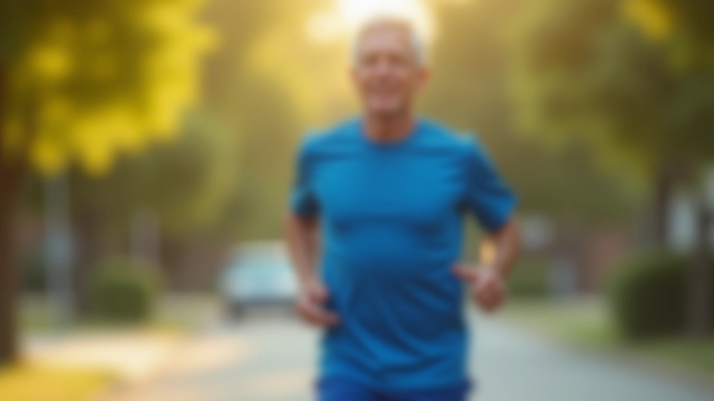 Mature male runner jogging through neighborhood street with clear pace and form