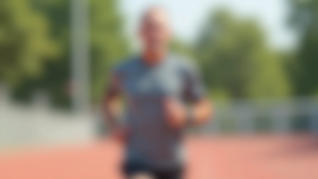 Mature male runner on track with focused expression during training session