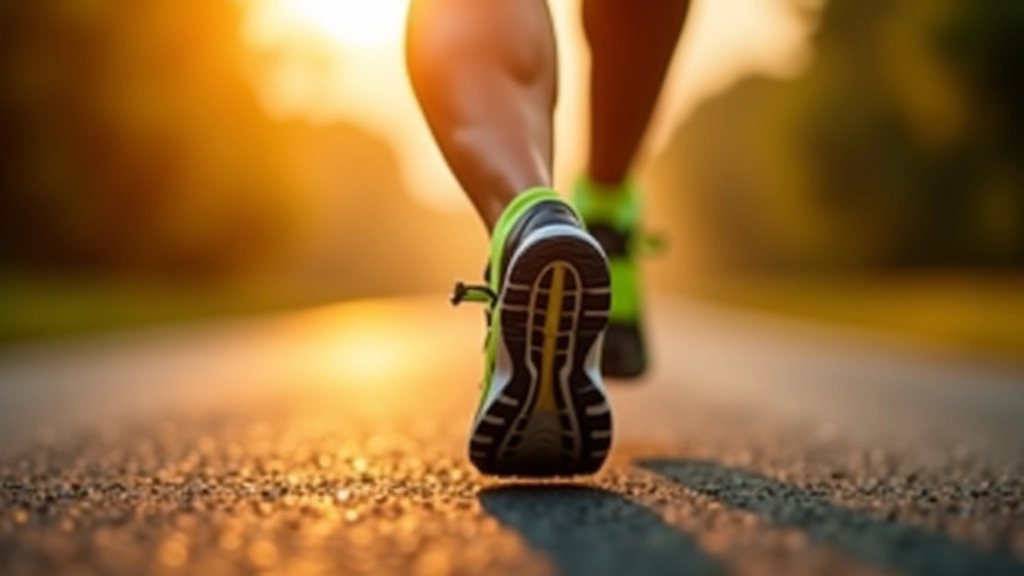 Close-up of runner's feet on pavement during a morning run