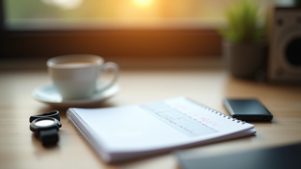 Training schedule and running log displayed on notebook with timer and running watch on wooden desk